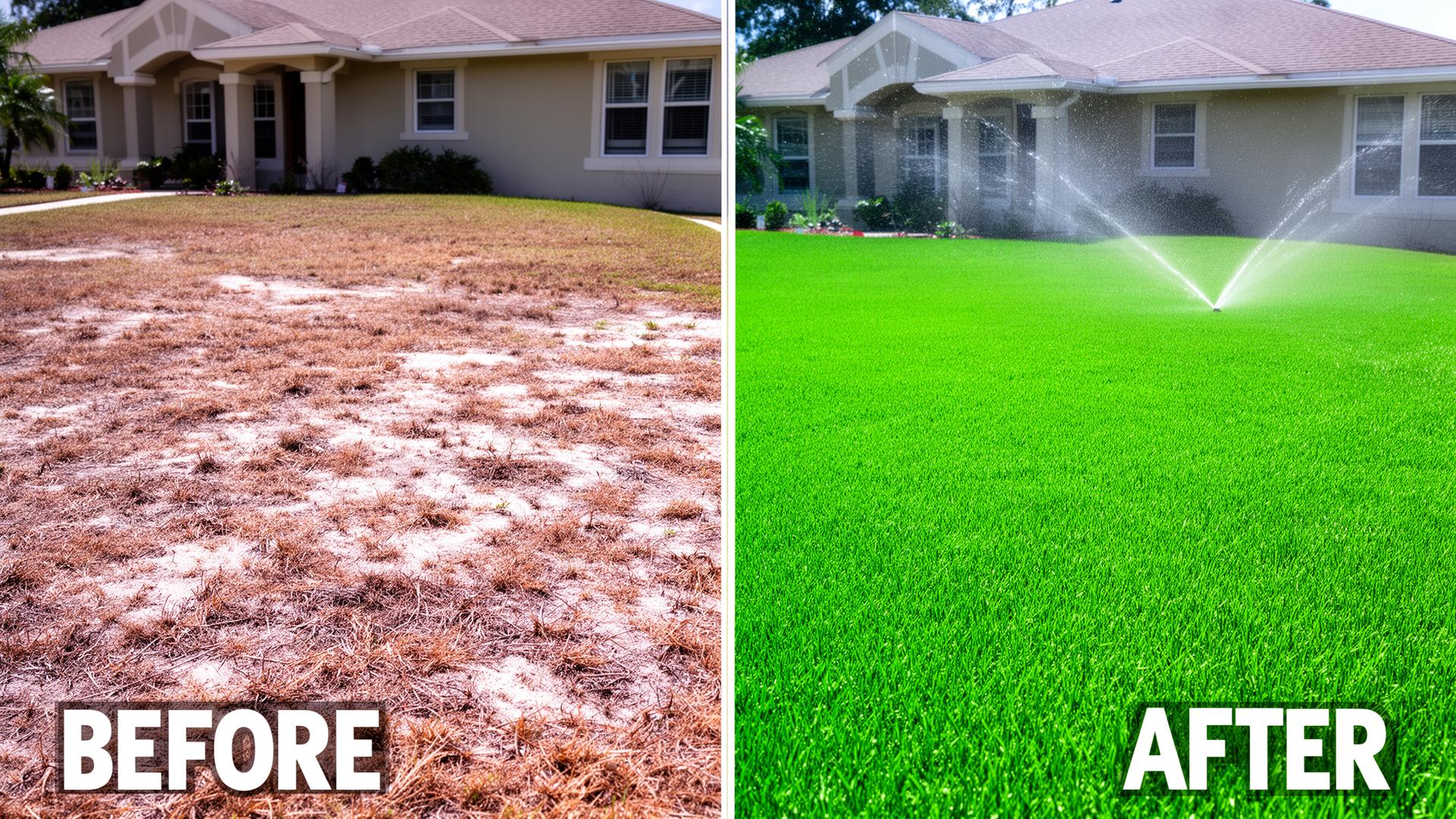 Before and after: bare brown lawn transformed into lush green grass with sprinkler